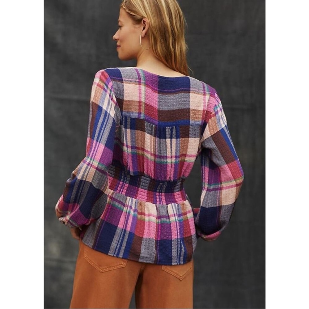 NWT Pilcro Plaid Print Blouse V-Neck Long Sleeves Smock Waist Purple Navy - Picture 3 of 5